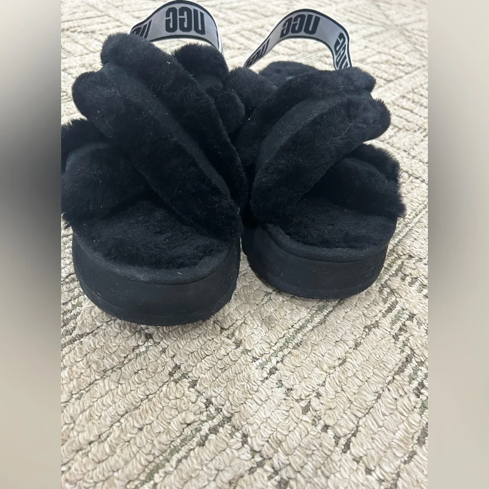 UGG Black Fluffy Slides with Logo Strap - Picture 9 of 10